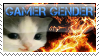 Stamp: 'Gamer gender' with a picture of Pendish the cat on a flame background.