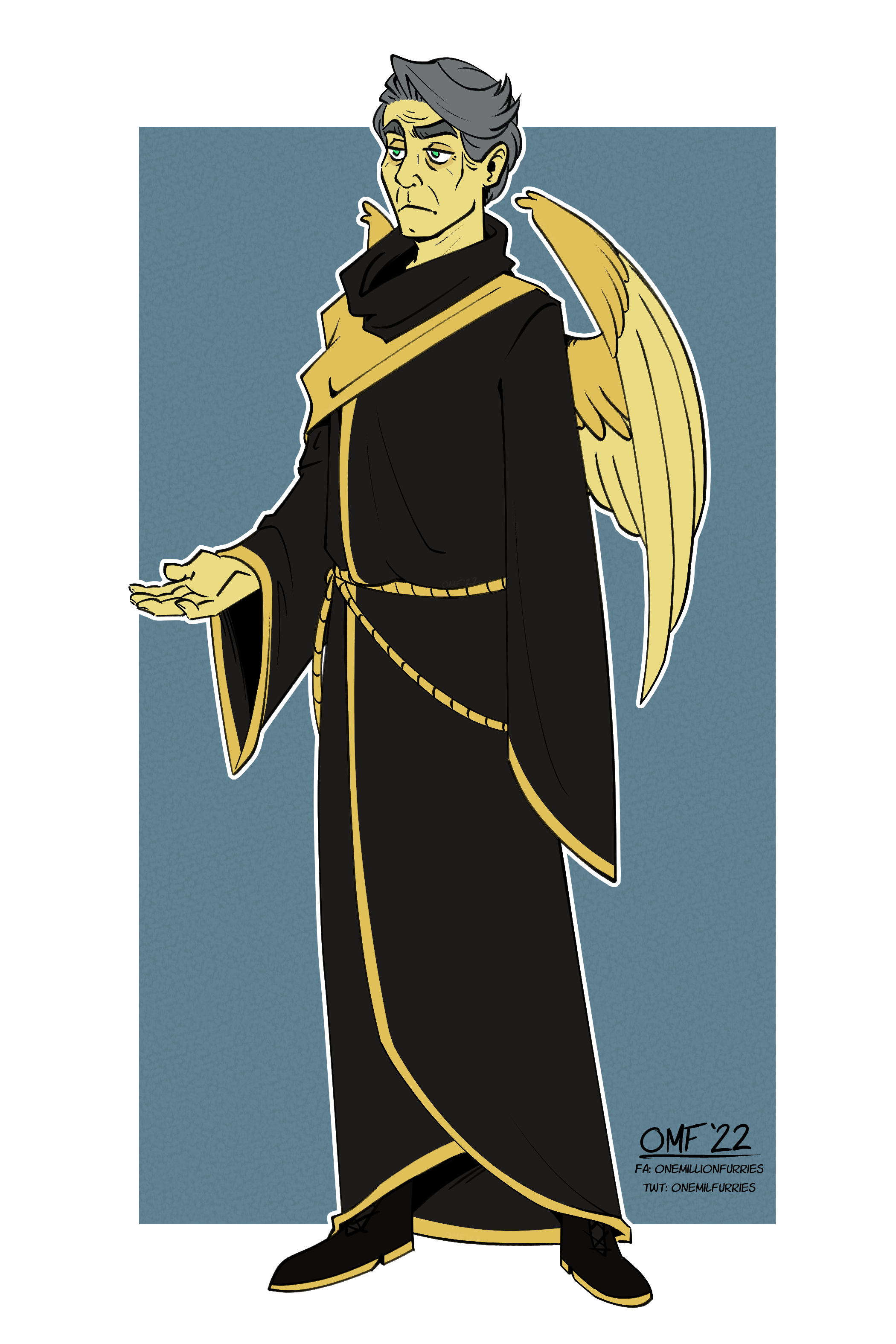 A drawing on a dark cyan and white background of a Minecraft OC. They are a slender person with grey hair, yellow skin, and a pair of yellow wings. They are wearing a black and gold robe and are holding their left hand out.