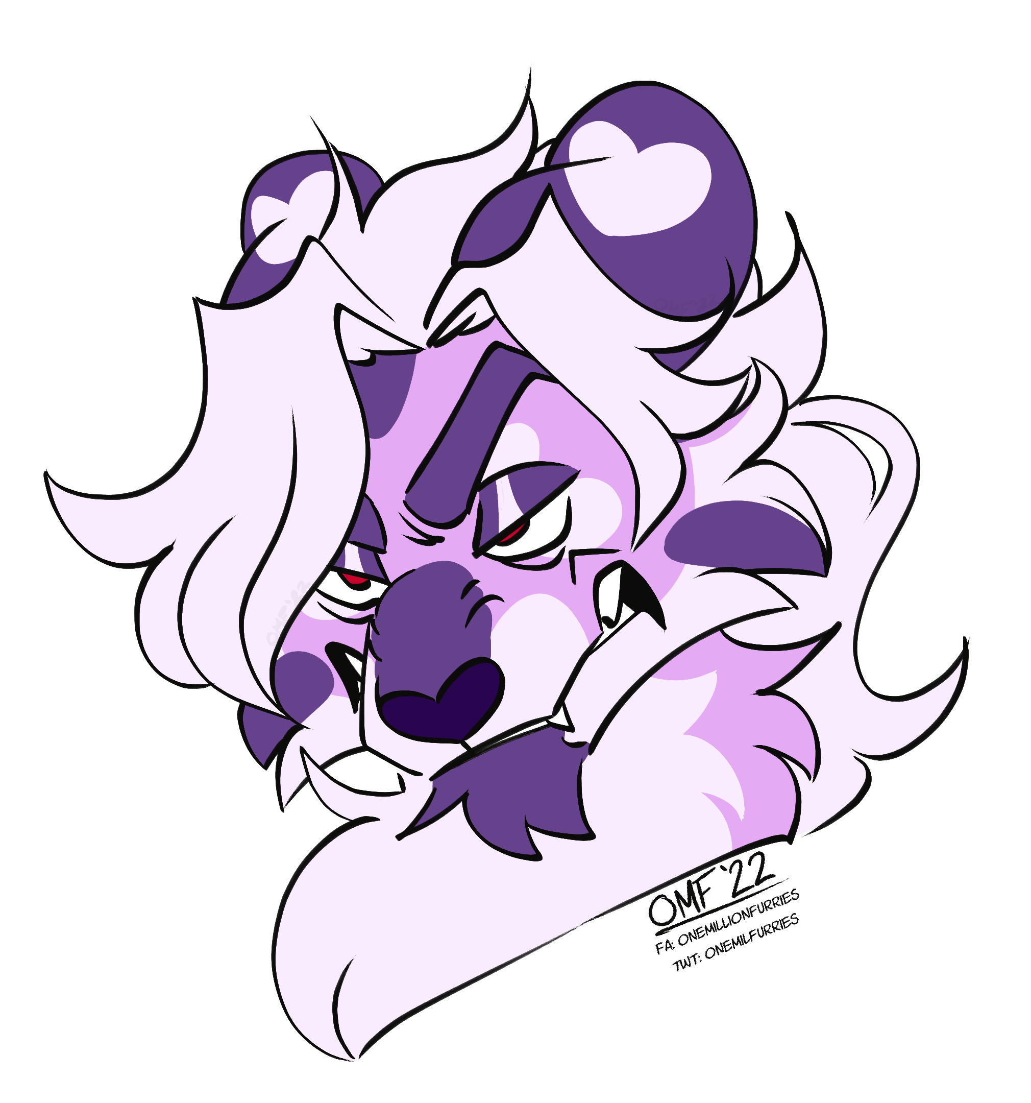 A headshot drawing of Dr. Luvstruck, the webmaster's fursona, snarling at a nearly head-on angle. He is a purple tiger-cat with flowy white hair and white heart markings on his dark purple ears.