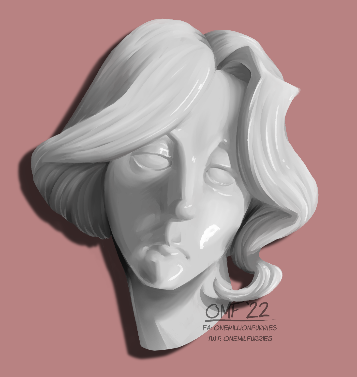 A drawing of a marble-like headshot on a desaturated red background. The subject has mid-length wavy hair and has a contempt expression on their face. The headshot is rendered semi-realistically, as if it were a piece of glossy marble or stone.