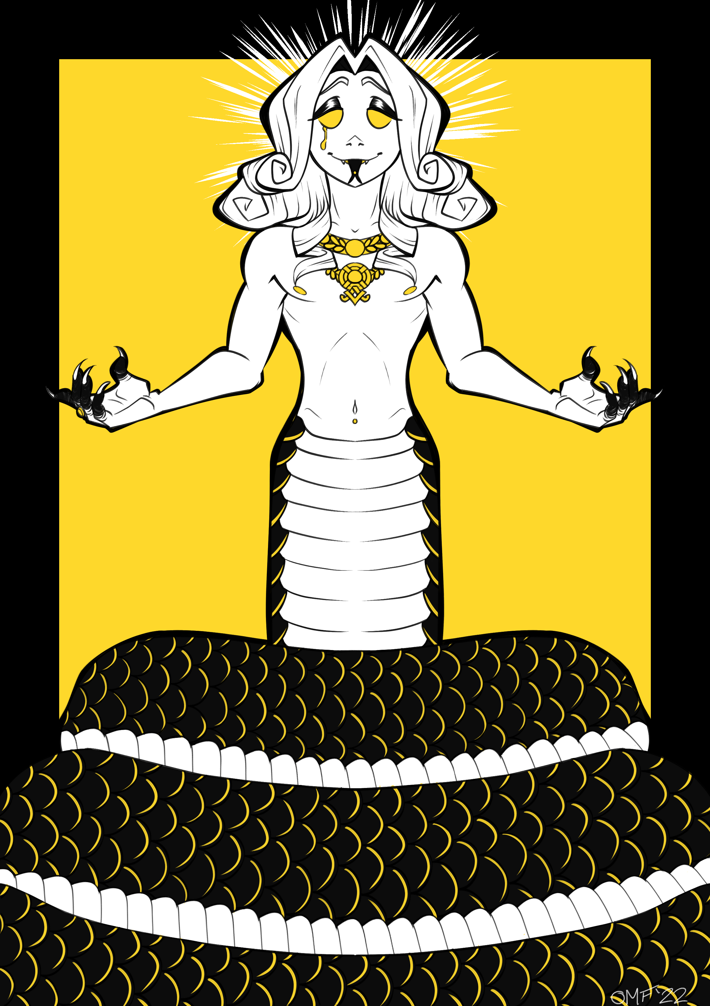 A symmetrical line drawing of a naga character. They have their arms outstretched at either side and are smiling with half-lidded eyes, while their tail curls around them. They have mid-length hair that curls up at the end into a bob and are wearing various necklaces. Their tail is black, but the scales are highlighted in yellow. The background is a square of that same yellow surrounded by a black border. There is a white sun ray halow surrounding the naga's head.