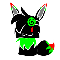 An animated pagedoll of .Com, a black eevee with green and red fur.