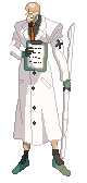 Pixel win animation of Dr. Baldhead from Guilty Gear. He is a tall light-skinned man with a bald head, weilding an oversized scalpel and cliboard. He is wearing a long lab coat with heavily padded shoulders.