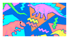 Stamp: An assortment of colorful dinosaurs over an 80s-style geometric background.