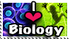 Stamp: 'I heart biology' with a graphic of cells on the left and a frog on the right.