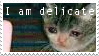 Stamp: 'I am delicate' with a picture of a sad cat meme.