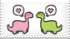 Stamp: A drawing of a pink and a green dinosaur with heart speech bubbles at each other.