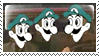 Stamp: Luigi's face from the 90s Mario cartoon edited on top of three dancing people.