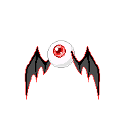 A pixel art animation of an eye ball that grows wings, flies for a moment, then falls back down and loses its wings. it has a red eye.