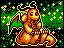 A pixel of dragonite on a sparkly green background.