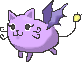 A pixel drawing of a purple cat-bat that flicks its tail up and down.